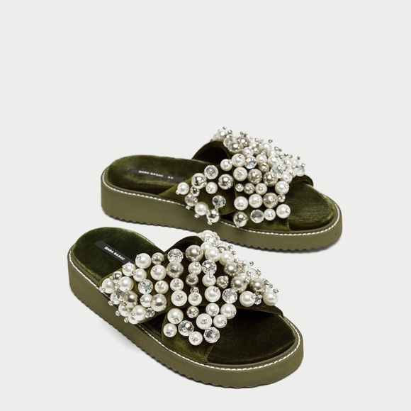 ZARA Velvet Platform Pearl Beaded Sandals - Picture 1 of 6